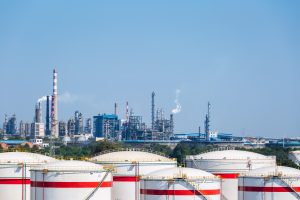 Petrochemical complex and storage tanks, industrial landscape of oil refinery factory