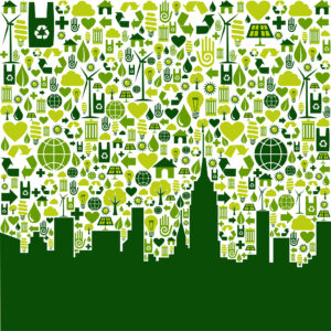 Green icon collection in city silhouette background.