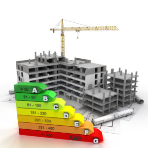 3D rendering of a building in construction , with a crane and an energy efficiency rating chart