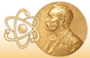 Nobel Physics award, gold polygonal medal and physic symbol