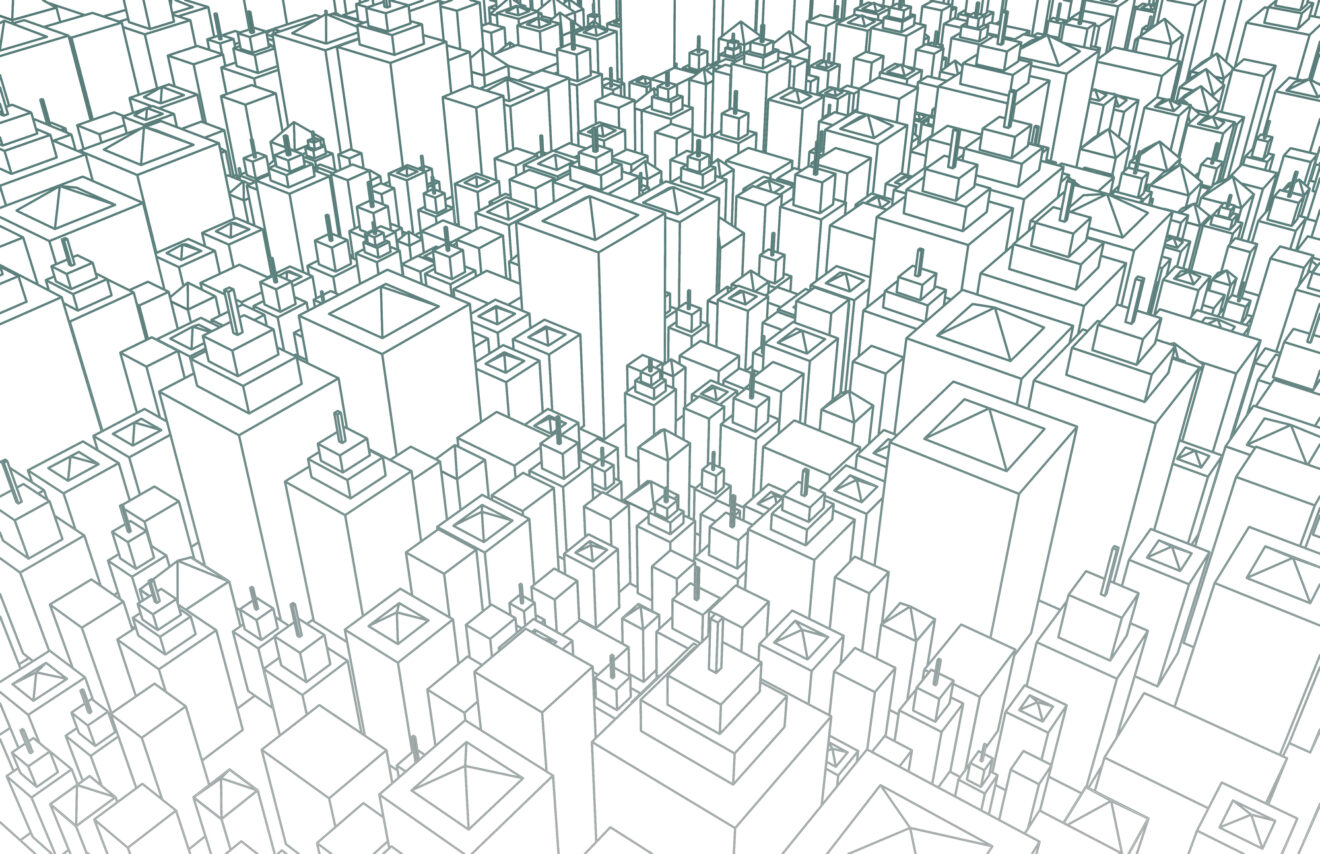 Wireframe City with Buildings and Blueprint Design Art
