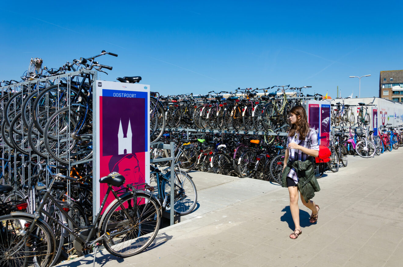 Bicycles parking area near the train station at Delft on in the city of Delft , the Netherlands