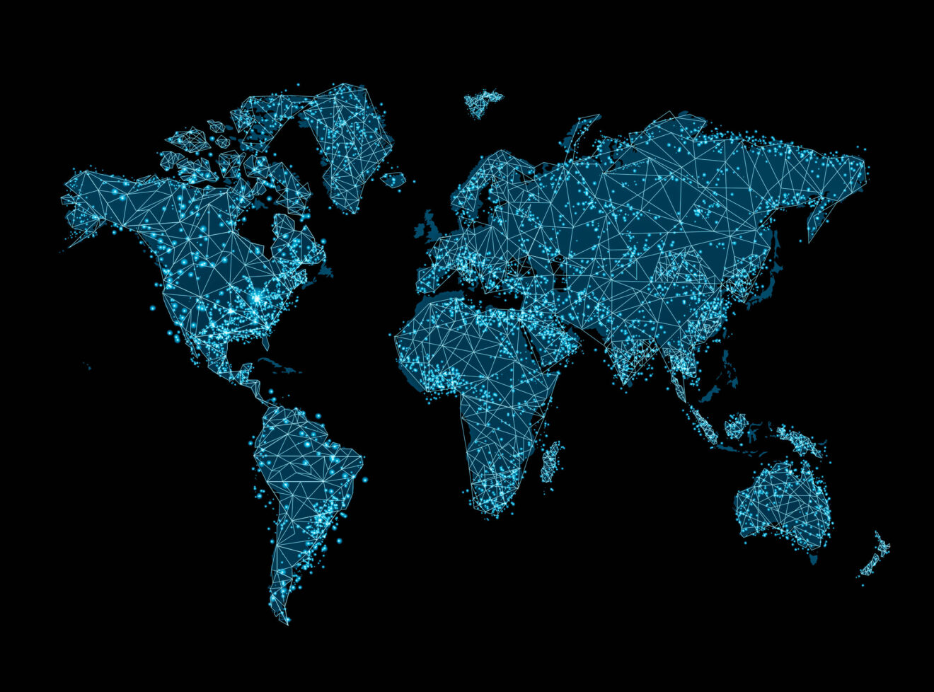 World map on a technological background, glowing lines symbols of the Internet, radio, television, mobile and satellite communications. Internet Concept of global business.