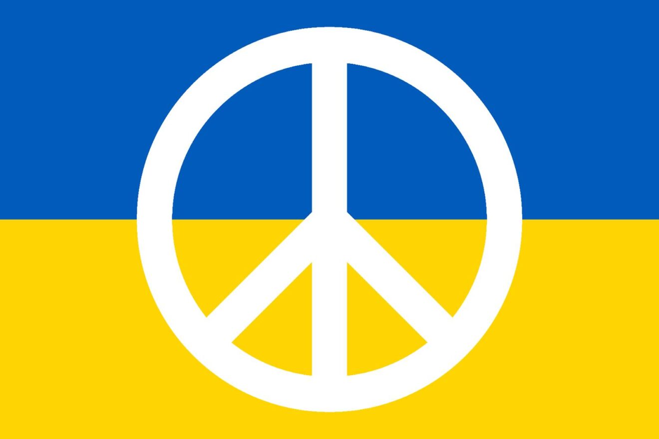 Ukraine flag with peace symbol.
