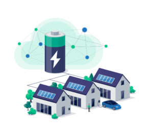 Home virtual power plant battery energy storage with house photovoltaic solar panels on roof and rechargeable li-ion electricity backup.
