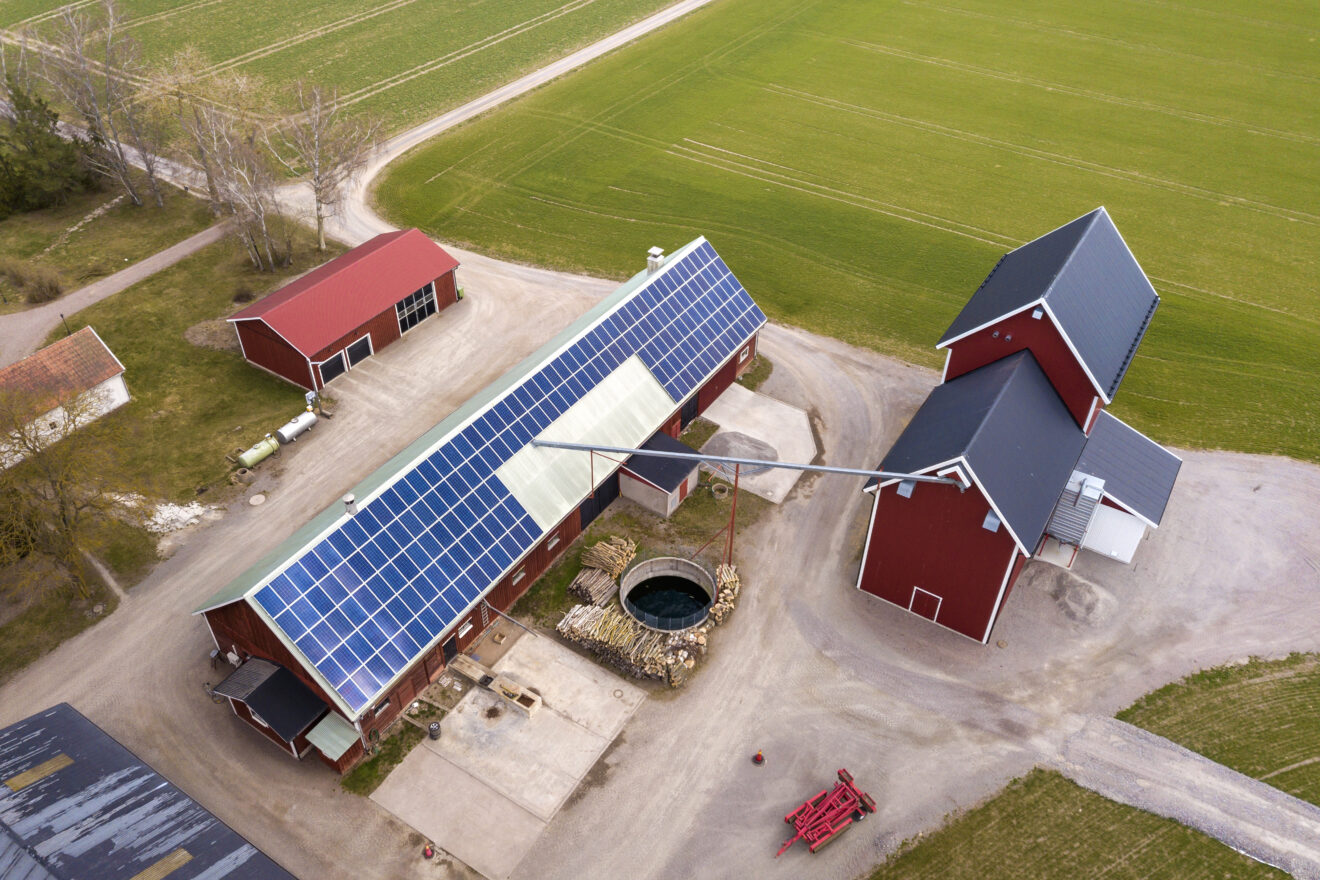 Top view of rural landscape on sunny spring day. Farm with solar photo voltaic panels system on wooden building, barn or house roof. Green field copy space background. Renewable energy production.