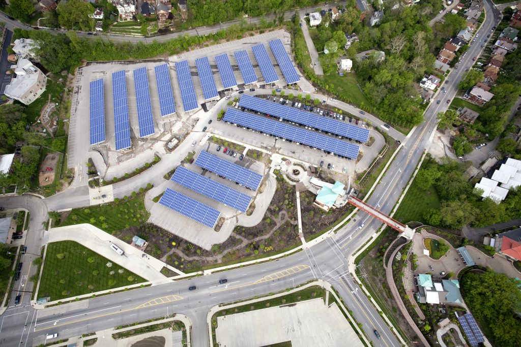 Aerial shot of solar canopy at Cincinnati Zoo.