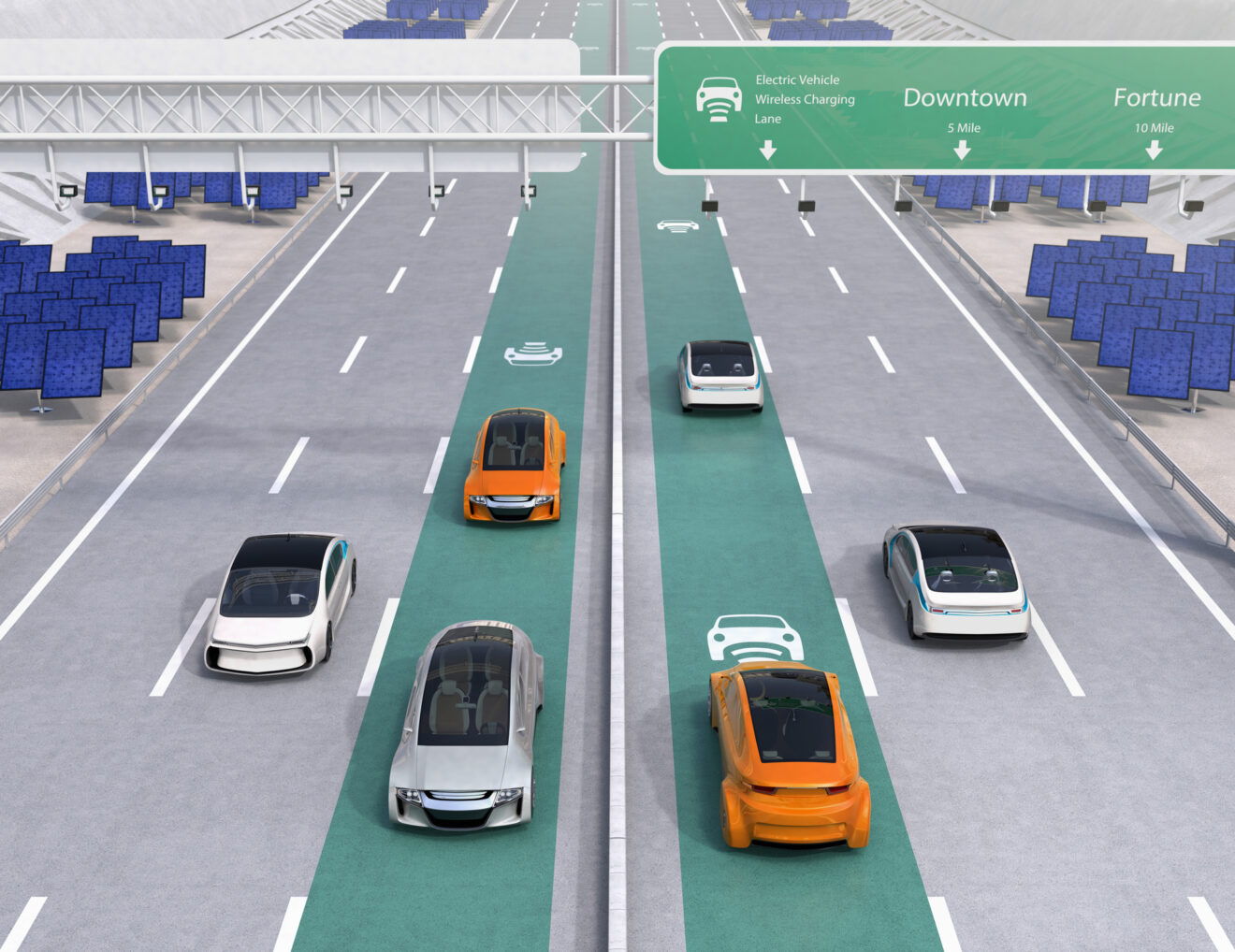 Electric cars driving on the wireless charging lane of the highway