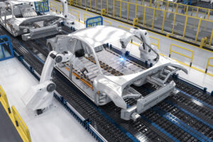 Robotic assembly line with electric car battery cells